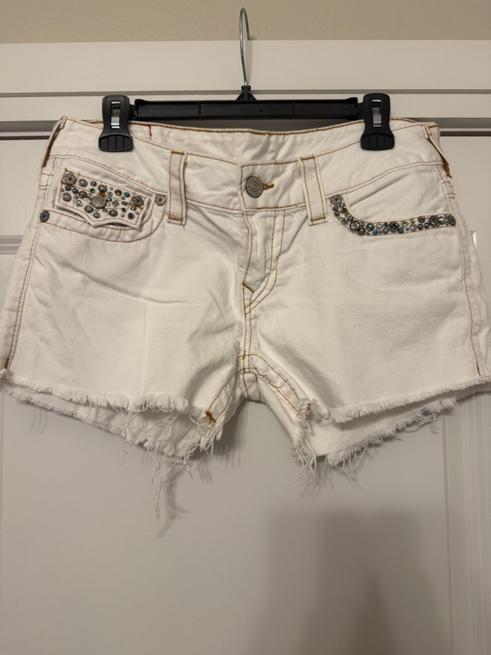 True Religion White Denim Cutoff Shorts with Rhinestone Trim